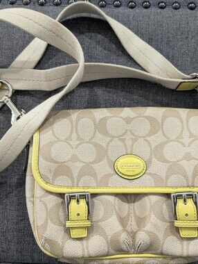 Coach Beige Signature Crossbody with Yellow Trim and Canvas Strap